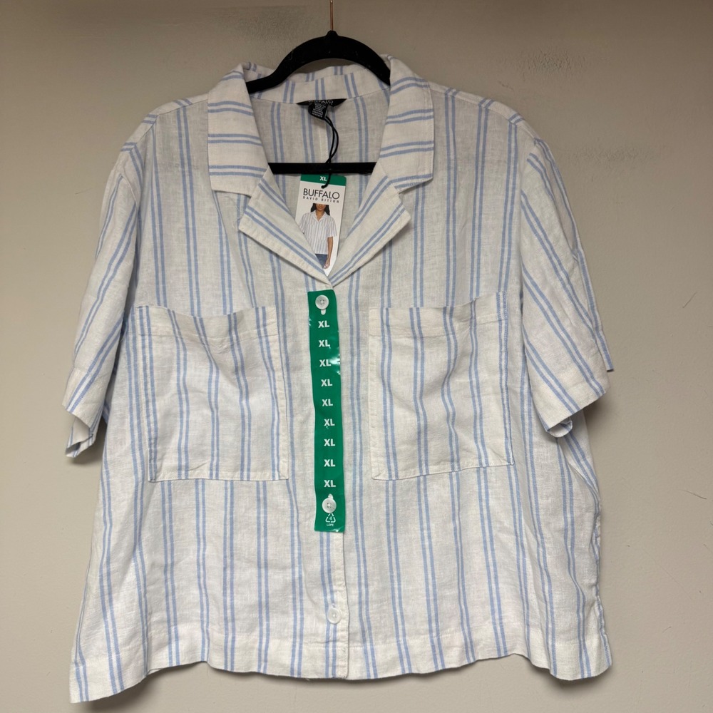 Buffalo David Bitton Utility Top Women XL Blue White Striped NWT‎ Linen Blend